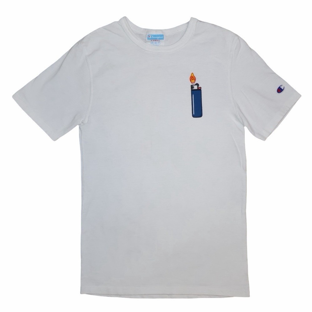 Vintage Champion x BIC lighter graphic t-shirt XS. White W Blue Lighter Flame